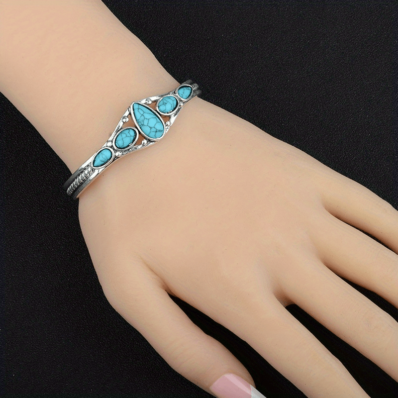 TEMU Bohemian Retro Adjustable Bracelet With Turquoise Stones & Carved Geometric Pattern - Alloy Jewelry For Casual Attire, Versatile Accessory