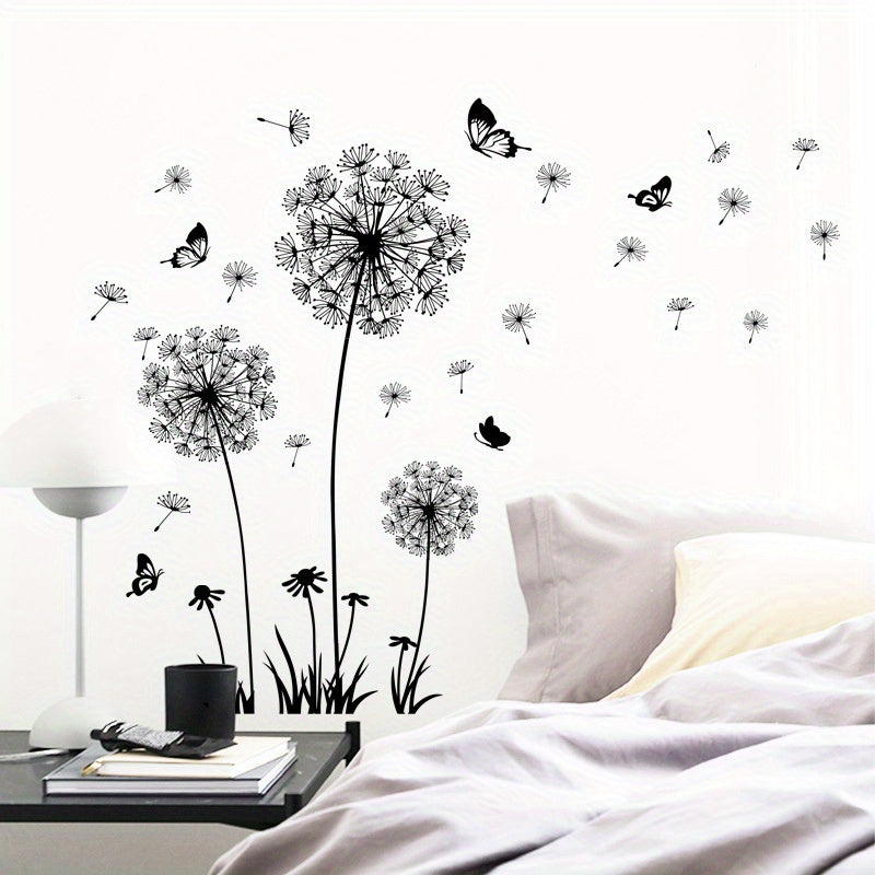 TEMU 2pcs Black Dandelion & Self-adhesive Vinyl Wall Decals - Elegant Nature-, Easy Home Decor For Kitchen, Tea Room, Restroom, Living Room, Room