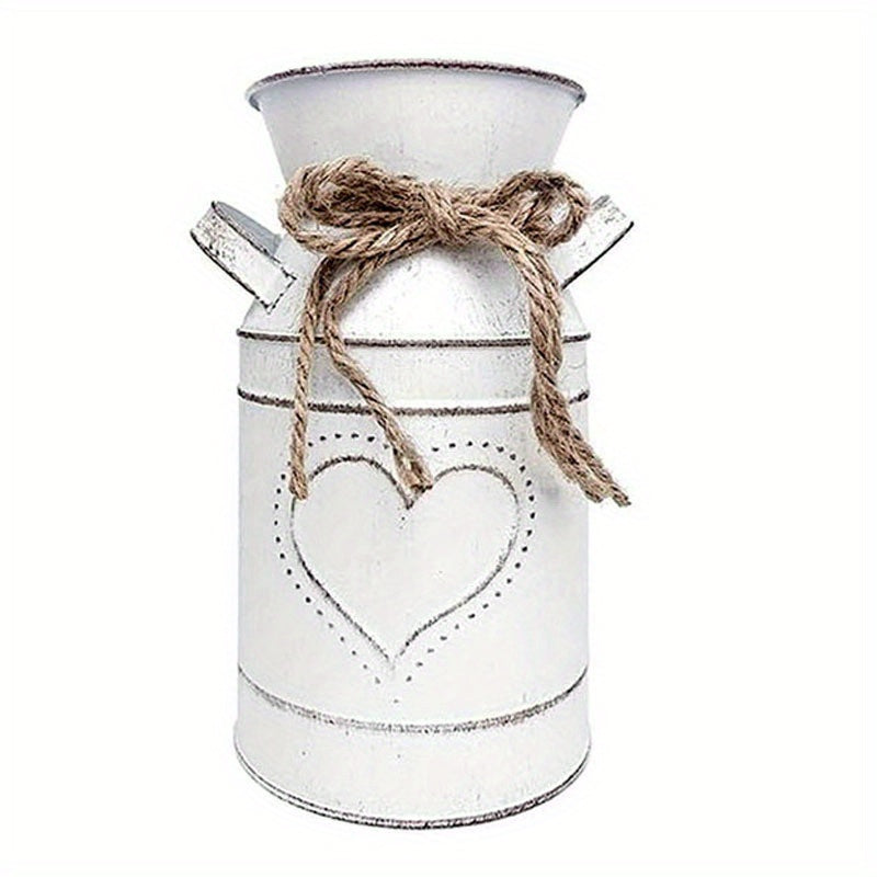 TEMU 1pc Rustic Metal Flower Vase - Shabby Chic Farmhouse Decor, Cylinder Design With "home Flowers" Label & Twine Accent, Ideal For Kitchen & Garden