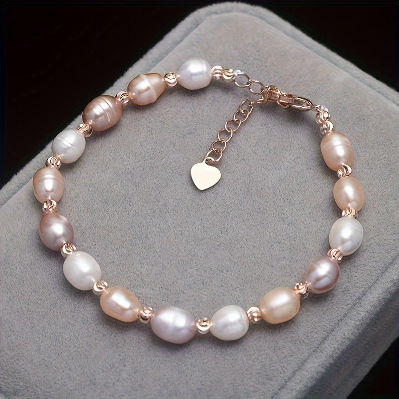 TEMU Elegancecasual Freshwater Pearl Bracelet, Heart-shaped Pendant, Adjustable Clasp, Suitable And Special Occasions- Valentine's Day, Day, Father's