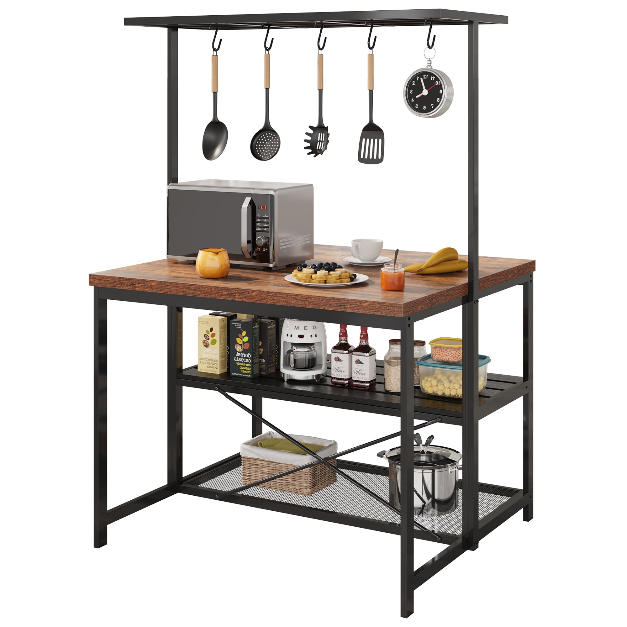 Garvee 42 inch Kitchen Island Bakers Rack 5 Hooks 3 Tier Microwave Stand Oven Shelf with Storage,Large Coffee Bar Table, Storage Shelf for Kitchen Din