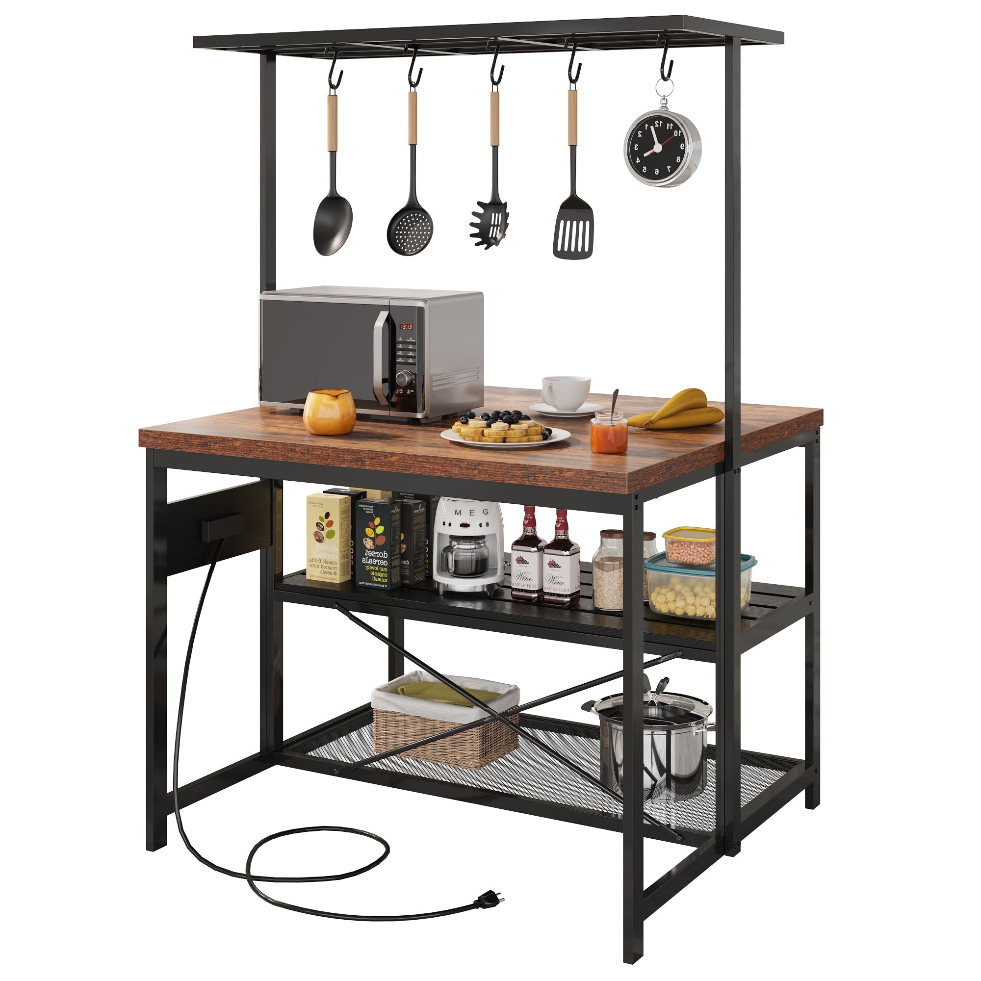 Garvee 47 inch Kitchen Island with Storage & Power Outlet 3-Tier Microwave Stand, Coffee Bar Table, and Bakers Rack with 5 Hooks for Kitchen, Dining a