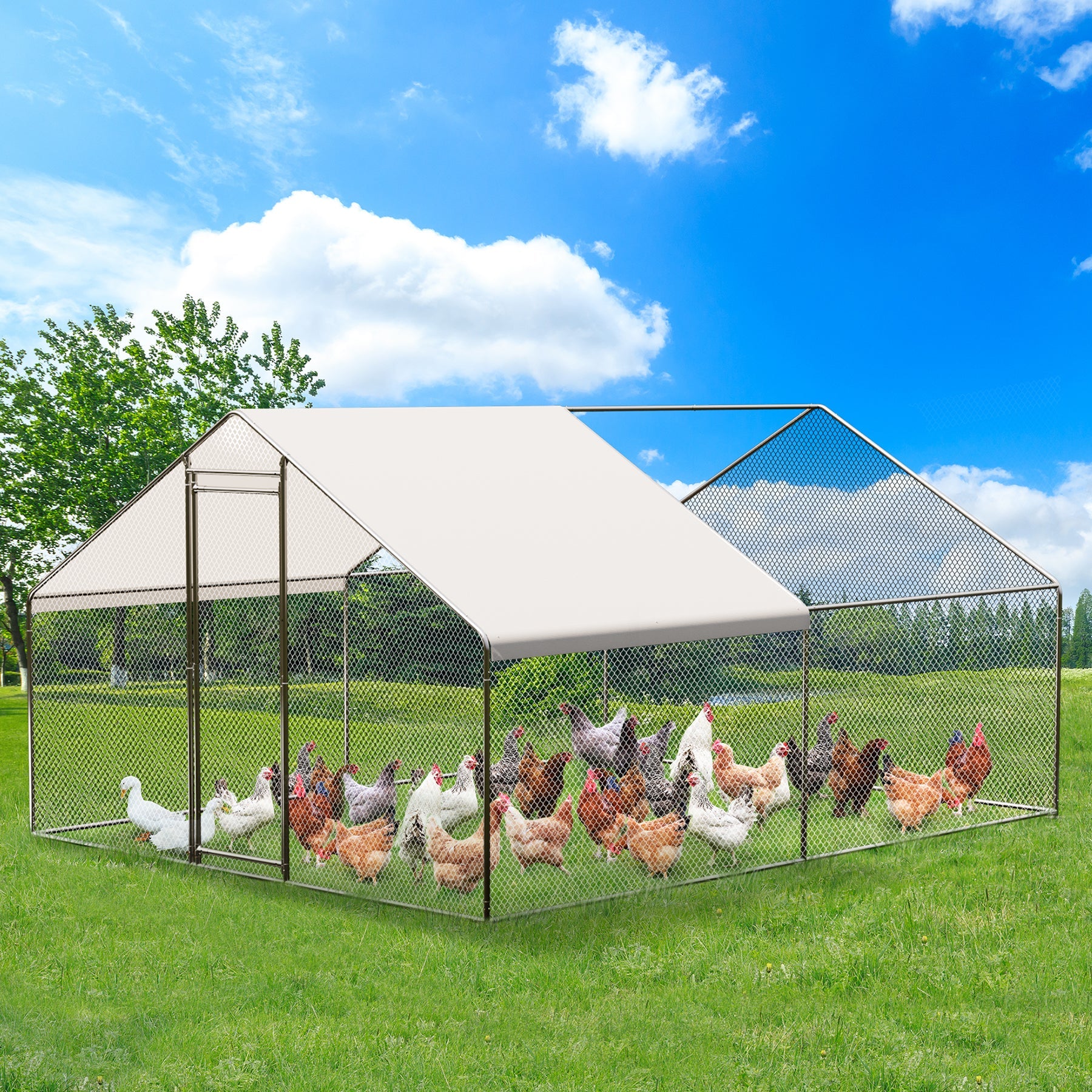 Garvee Large Metal Chicken Coop, Walk-in Poultry Cage, Chicken House with Waterproof and Anti-Ultraviolet Cover for Outdoor Yard Farm Silver - 9.8*19.