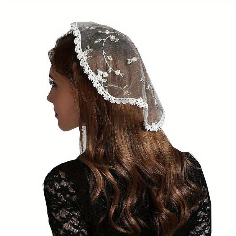 TEMU Elegant Romantic Women's - Short Floral Embroidery With Lace Trim, Single-layer Round Headscarf, Polyester Church Headpiece