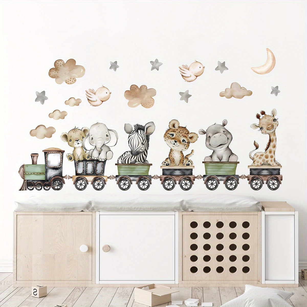 TEMU Brup Animal Train Wall Stickers | Semi-matte Pvc Decals With Elephant, Leopard, Giraffe & Zebra | Self-adhesive, Removable | Decor For Bedroom &