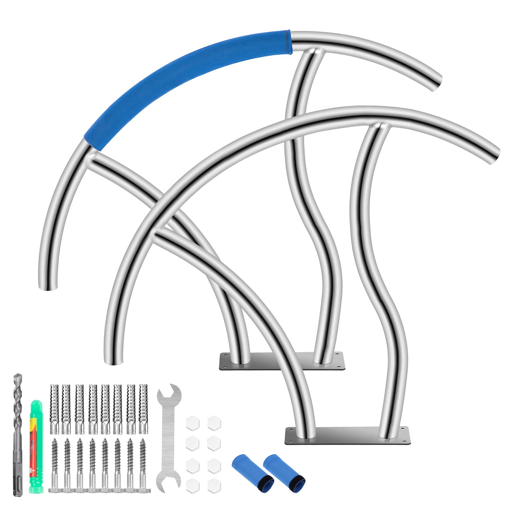 Garvee 2-Pack 30"x30" Stainless Steel Pool Handrails for Inground Pools - 375 lbs Load Capacity, Blue Grip Covers, Quick Mount Base Plates