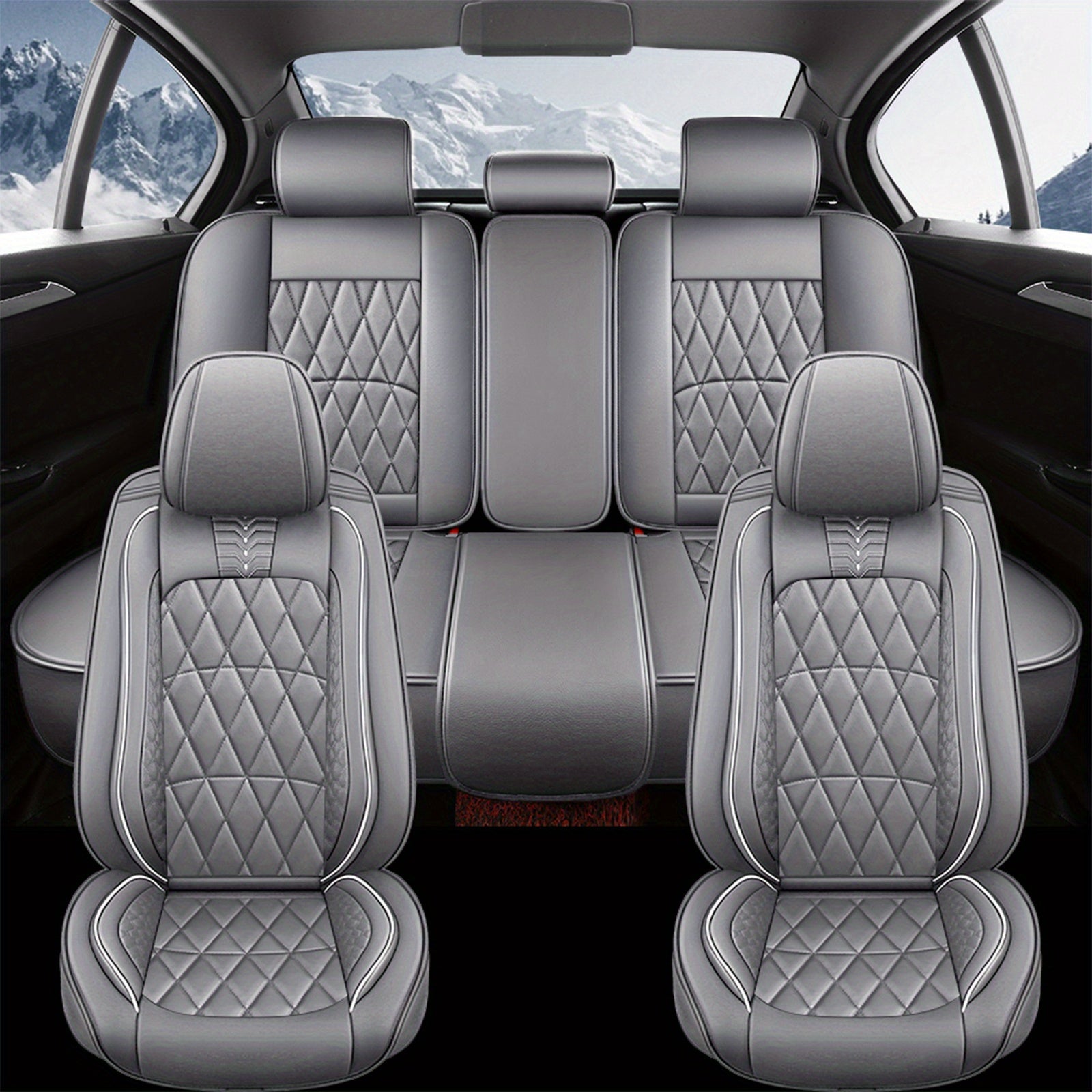 TEMU Universal Car 5 Seat Cover Pu Synthetic Leather Cushion Full Set Front Rear Ssolid Split Bench Back Cover Protector Waterproof Diamond Pattern