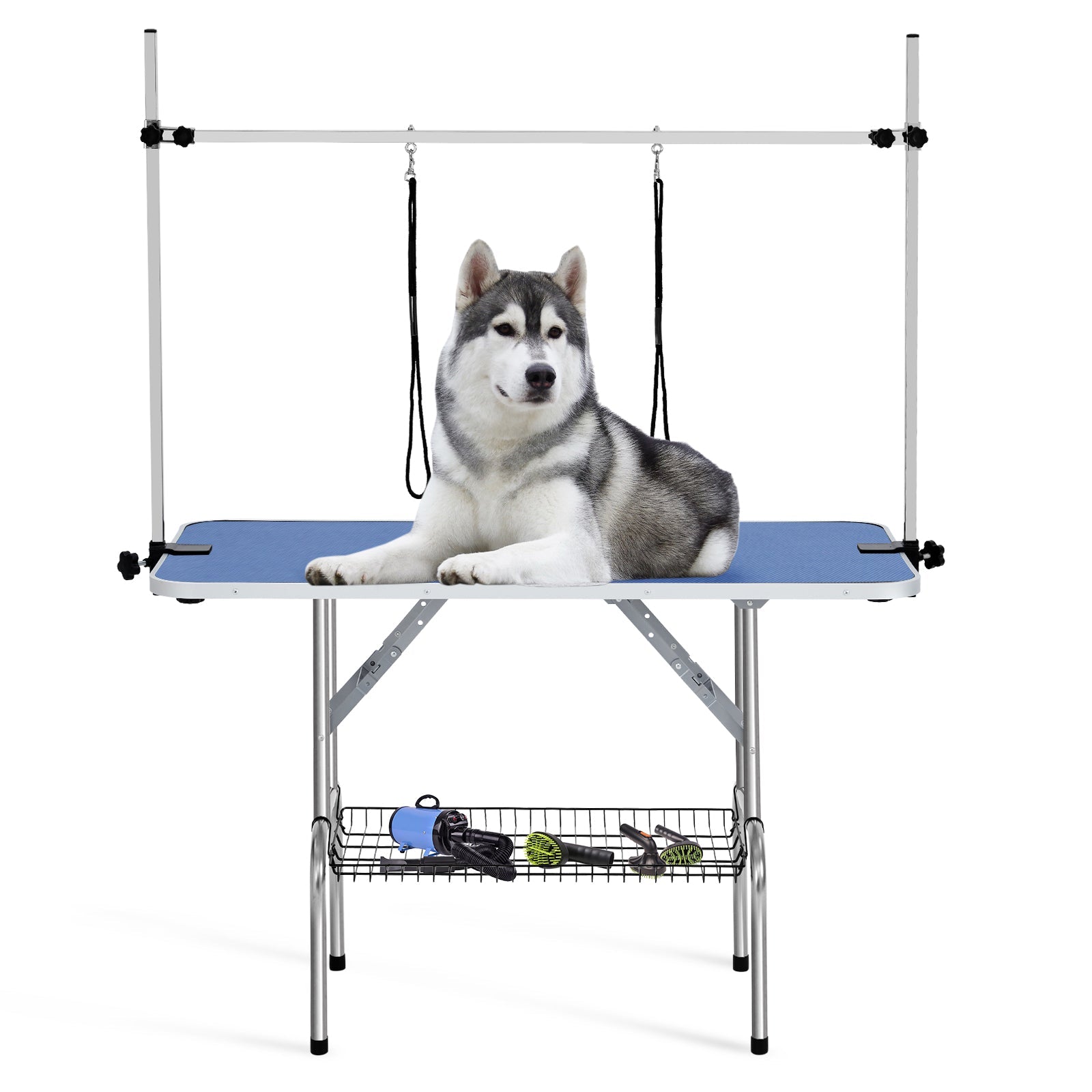 Garvee 48" Dog Grooming Table Adjustable Height Pet Drying Desktop Foldable Pet Grooming Table with Arms, Nooses, Mesh Tray, Foldable Pet Station Max 