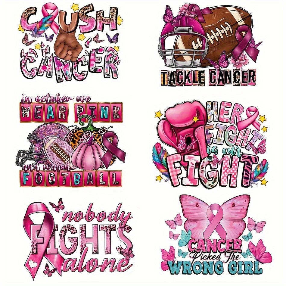 TEMU 6-pack Breast Awareness Ribbon Iron-on Transfer Patches, Mixed Color Polyester Decals For And Clothing Decoration