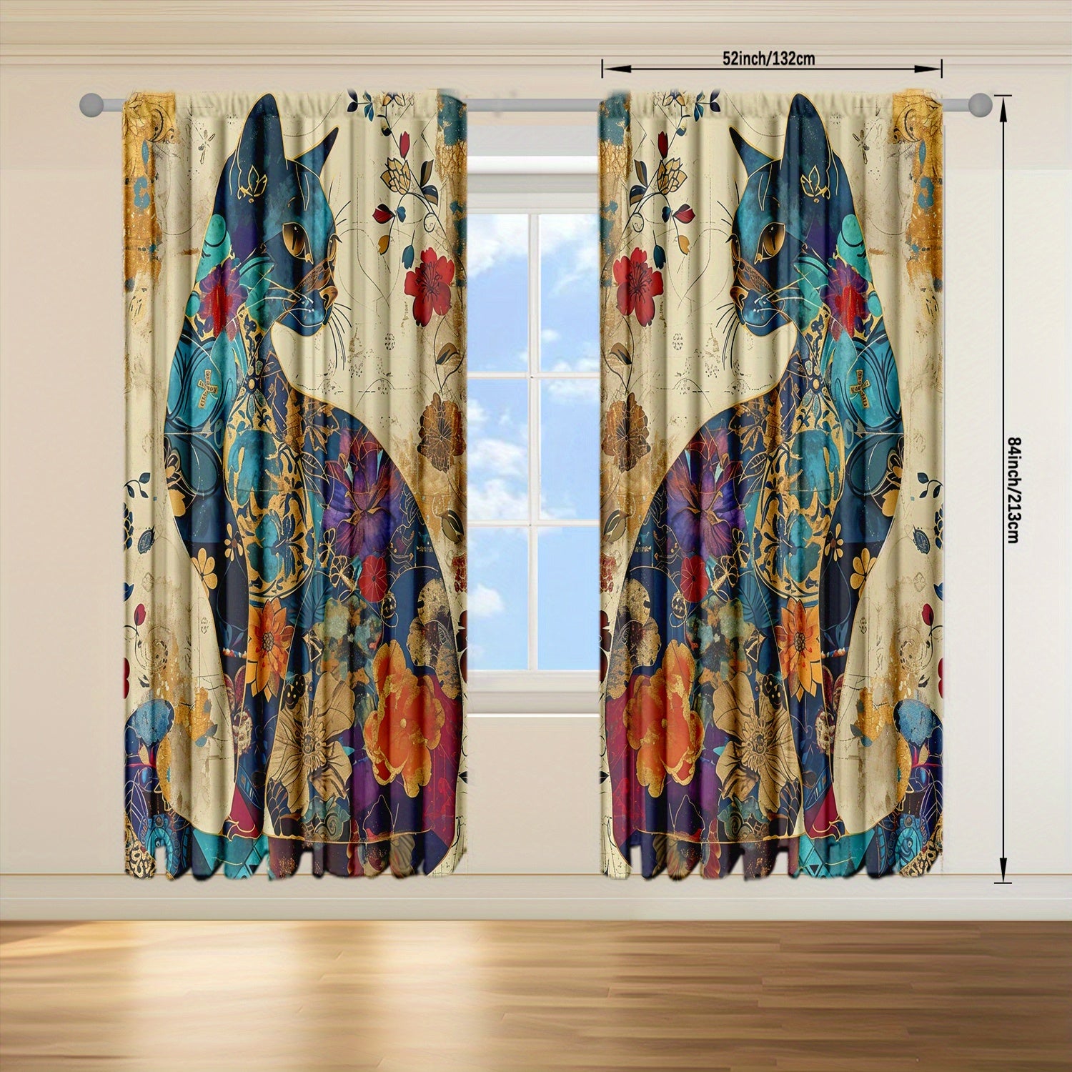 TEMU 2pcs Vibrant Artistic Cat & Floral Print Curtains - Semi-transparent, Rod For Easy Hanging In Bedroom, Living Room, Office - Polyester
