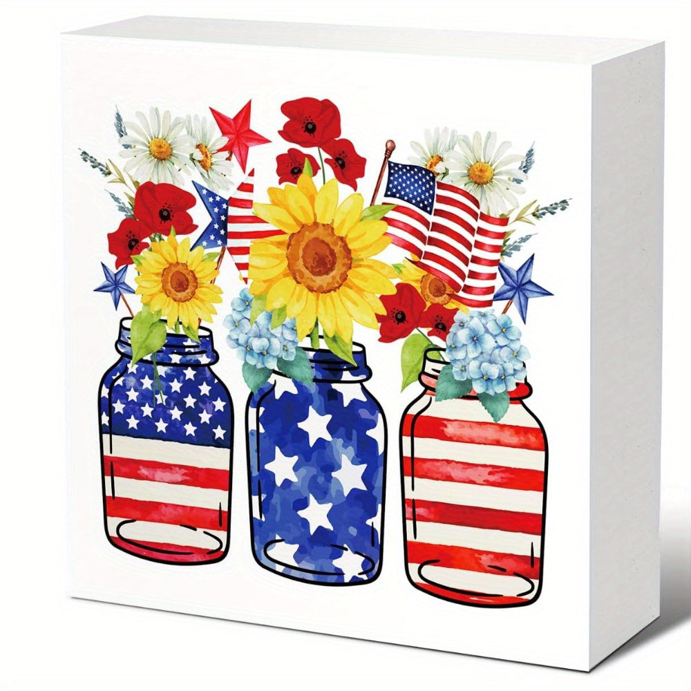 TEMU Decor, Farmhouse Sunflowers Vases Usa Flag Foam Pvc Block Sign For Home Bedroom Office Desk Cubicle Decor, July 4th Memorial Day Patriotic