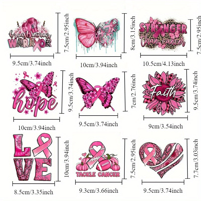 TEMU 9pcs Breast Awareness Iron-on Heat Transfer Decals, Polyester Diy Fashionable Personalized Washable Patches, Mixed Color, With T-shirts, Masks,