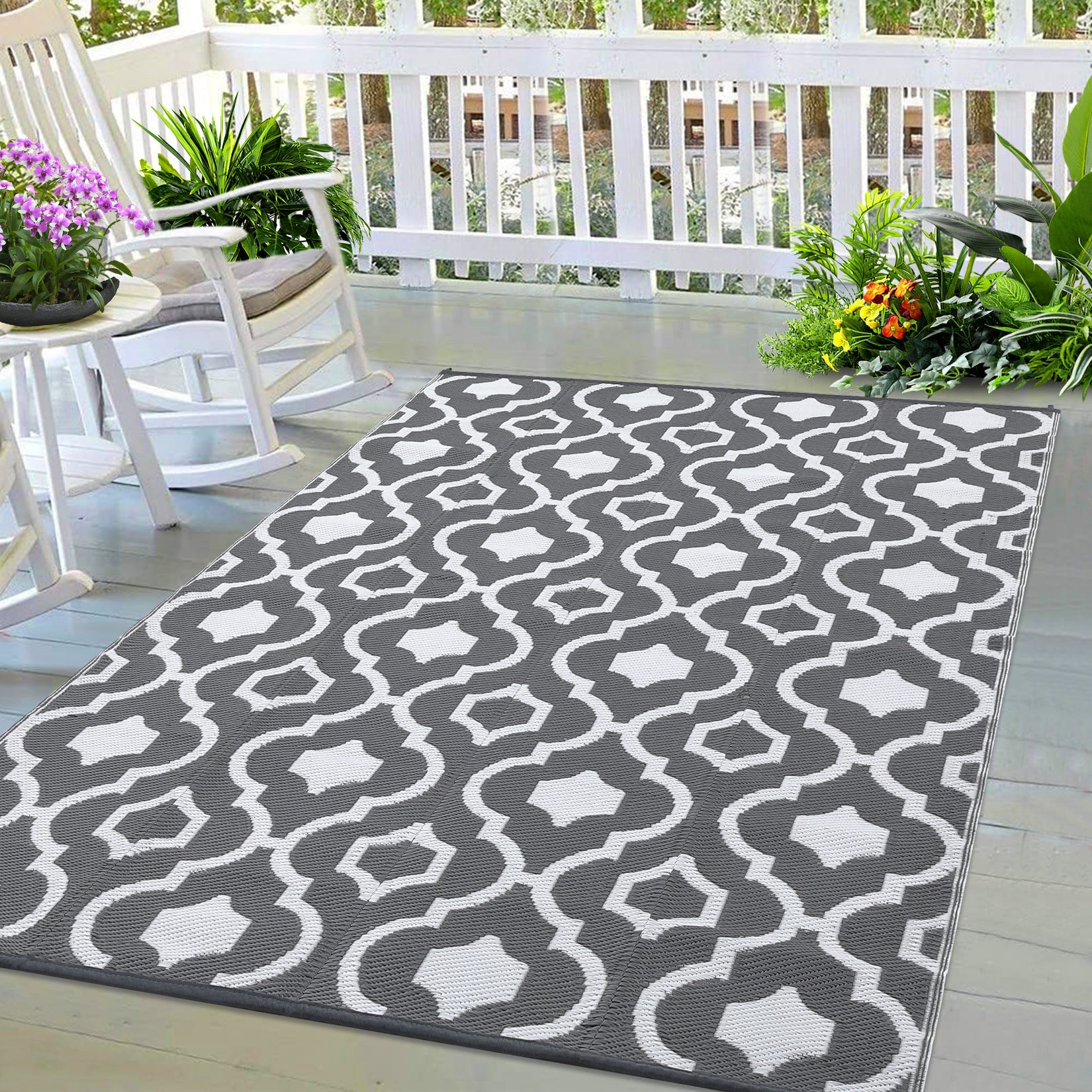 Garvee Outdoor Grey & White 5x8 Waterproof Rugs for Patio, Reversible Plastic Straw Outside Rug, Portable Floor Mat for Camping Balcony & Deck