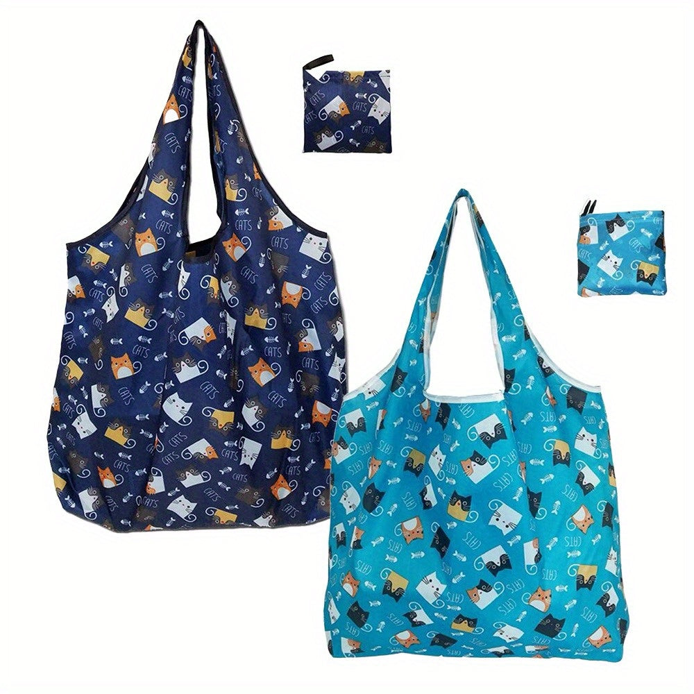 TEMU 2pcs Print Reusable Shopping Bags - High-quality, Foldable & Machine Washable , 50 Lbs Capacity, Lightweight Polyester Grocery Bags In Blue &