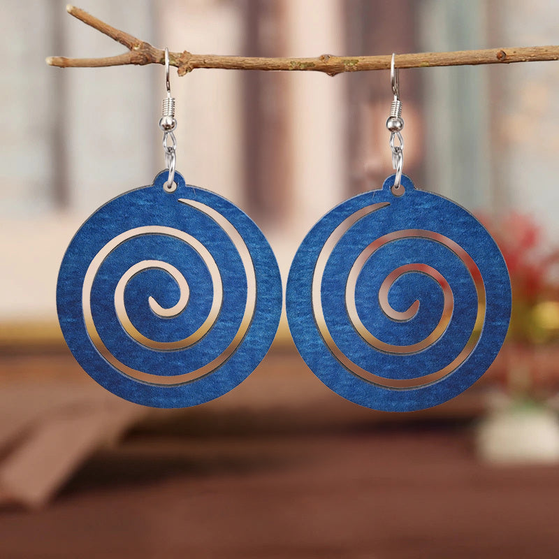 TEMU Blue Round Wood Hollow Spiral Hoop Earrings For Women - Wood Grain Dangle Earrings, Boho Turquoise Wood Hoops, For Daily Wear & Parties (no