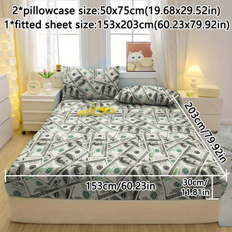TEMU 3pcs Dollar Dream Pattern Fitted Sheet Set - Soft And Comfortable Bedding Set For Bedroom, , And Dorm Decor, Includes 1 Fitted Sheet + 2