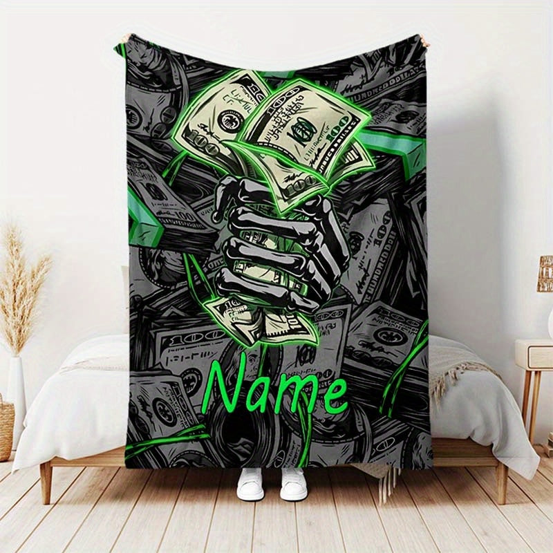 TEMU Custom Name Blanket With Vibrant Dollar Design - Soft, Cozy Polyester Throw, Ideal For Travel & All - Perfect Birthday Or Anniversary Gift, In