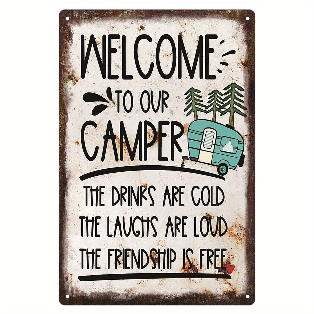 TEMU 2d Flat Welcome To Our Camper Vintage Metal Sign - 8*12 Inch Rustic Mental Wall Decor With Teal Camper Illustration, Home & Travel Enthusiasts