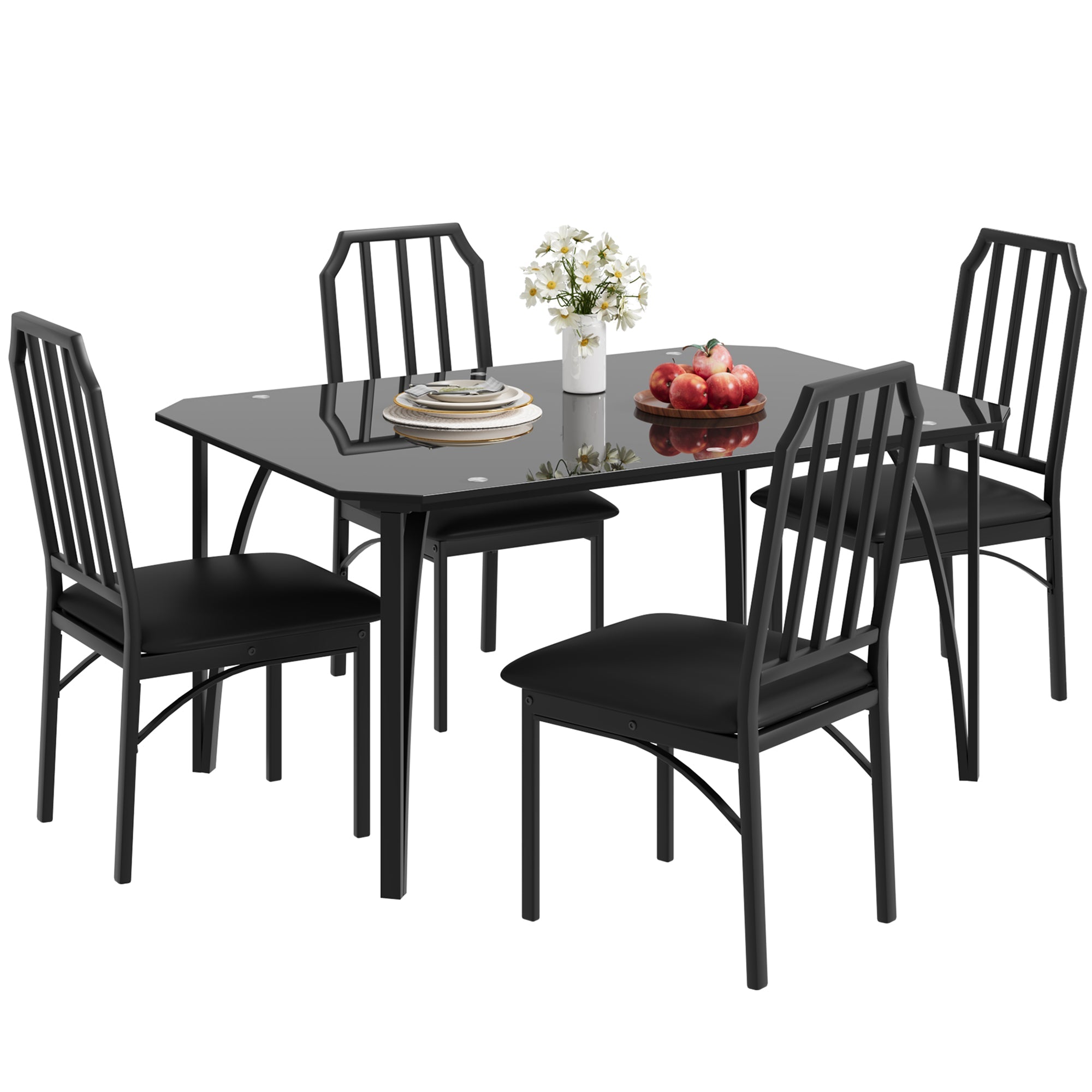 Garvee Glass Dining Table Set for 4, Kitchen Table and Chairs for 4 with with Chamfer Design, 5 Piece Dining Room Table Set with Cushion Seats for Sma
