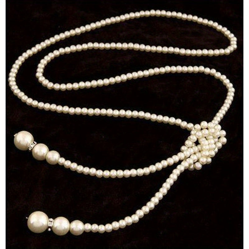 TEMU Elegant Multi-layered Faux Pearl Necklace, Boho Tassel Pendant, Dual-strand Sweater Chain Jewelry, Ethnic Style Accessory