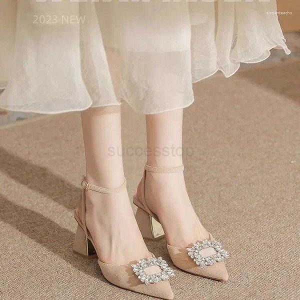 Dress Shoes 2024 Ankle Strap Crystal Sandals For Women Pointed Toe High Heels Shiny Rhinestones Square HeeledLX241022