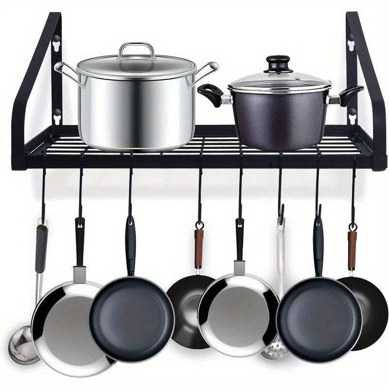 TEMU 1pc Wall-mounted Pot And Pan Hanger With 8 Hooks – Black Steel Kitchen Organizer For Cookware, Utensils, And Pots, Space-saving Design With