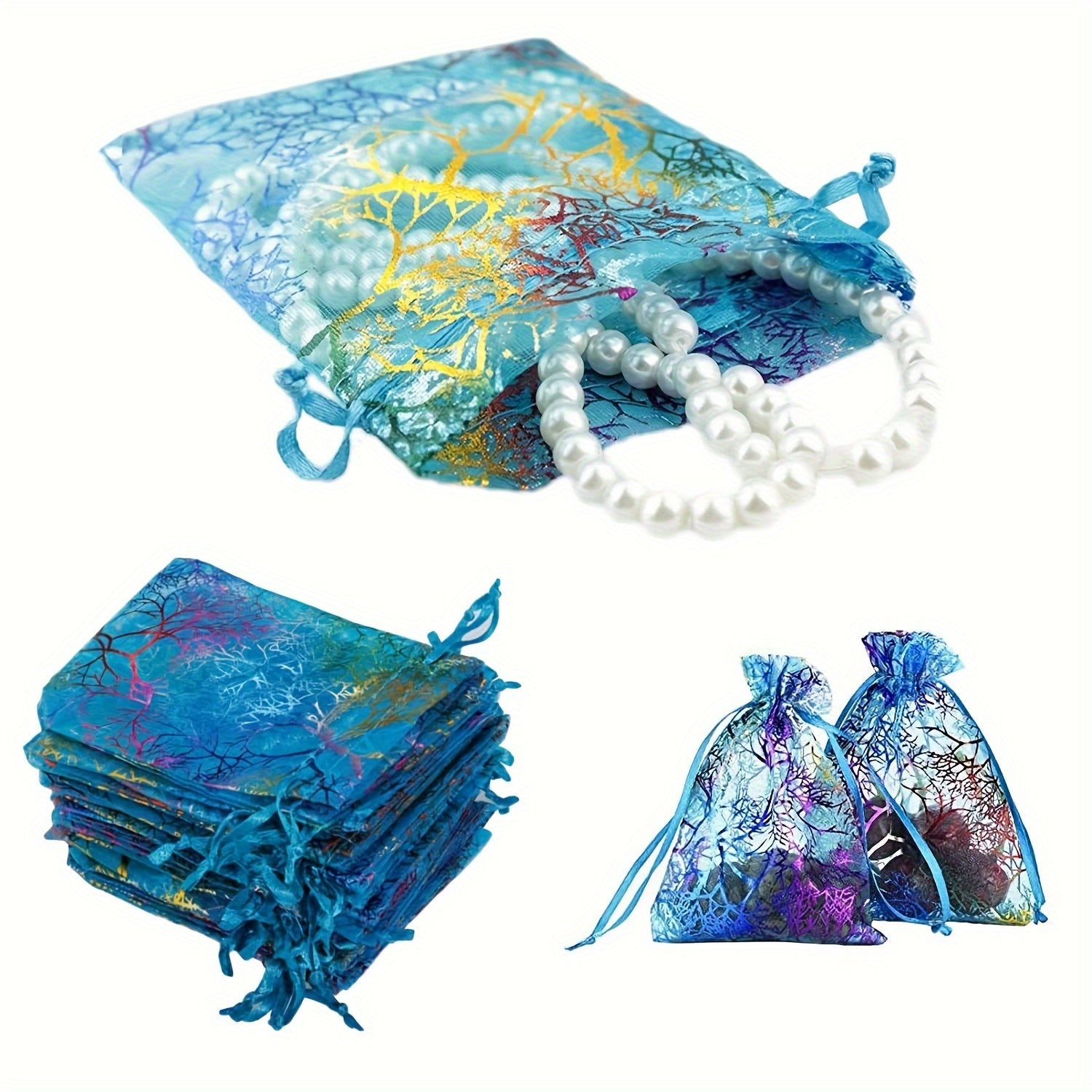 TEMU 10pcs Elegant Organza Gift Bags With Drawstring Closure - & Golden , 4.8x3.6 Inch Mesh Pouches For Jewelry, Candy, Party Favors, And Light