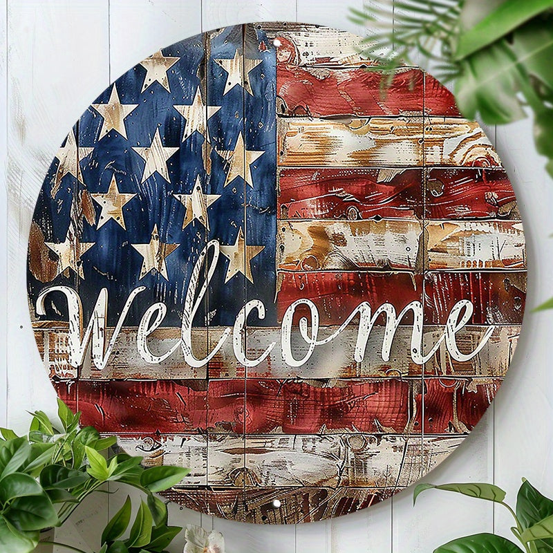 TEMU 8" Round Rustic American Flag Welcome Sign – Vintage Aluminum Wall Decor With Texture For Home, Garden, Office & Business (indoor-outdoor Use),