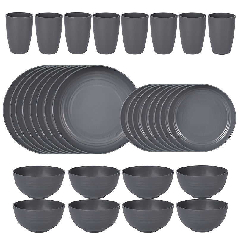 TEMU 32pcs Plastic Tableware Set, Reusable, Microwave And Dishwasher Safe, Including 16 Plates, 8 Bowls And 8 Cups, Suitable For Indoor And Outdoor