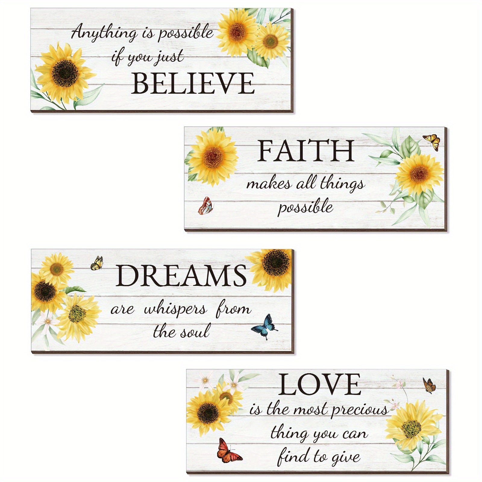 TEMU 4pcs Rustic Sunflower Love Faith Believe Sign Wall Decor Inspirational Sunflower Wall Decors For Home Office Bathroom Living Room