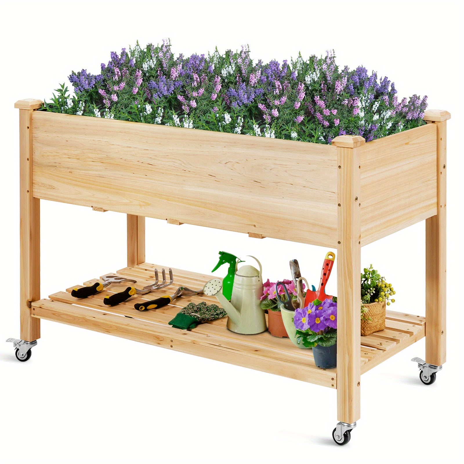TEMU Giantex Raised Garden Bed Wood Elevated Planter Bed W-lockable Wheels Shelf & Liner