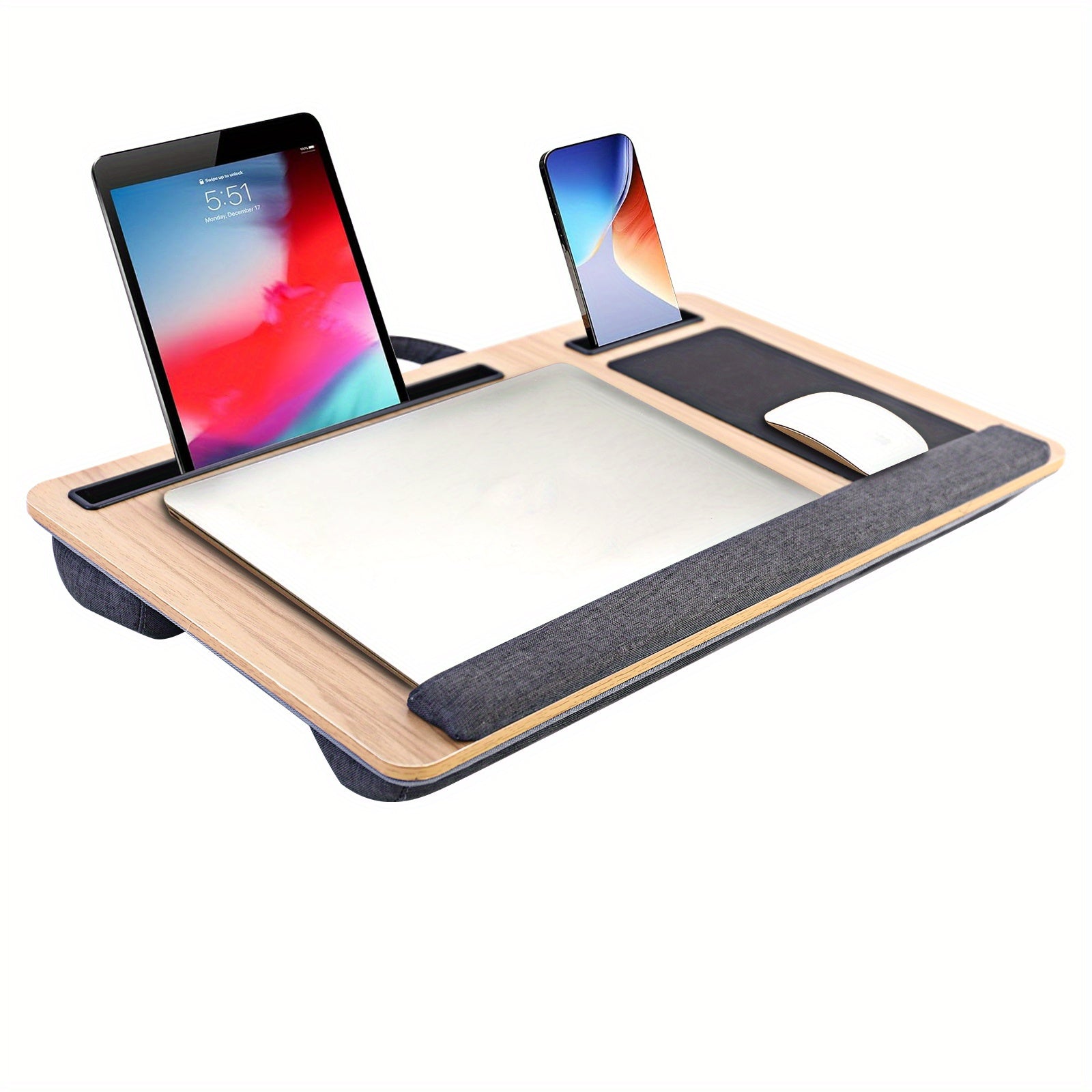 TEMU Ergonomic Portable Laptop Tray Table With Built-in Wrist Rest And Cushioned Base - Travel Table With Mouse Pad, Phone-tablet Slots - Lightweight