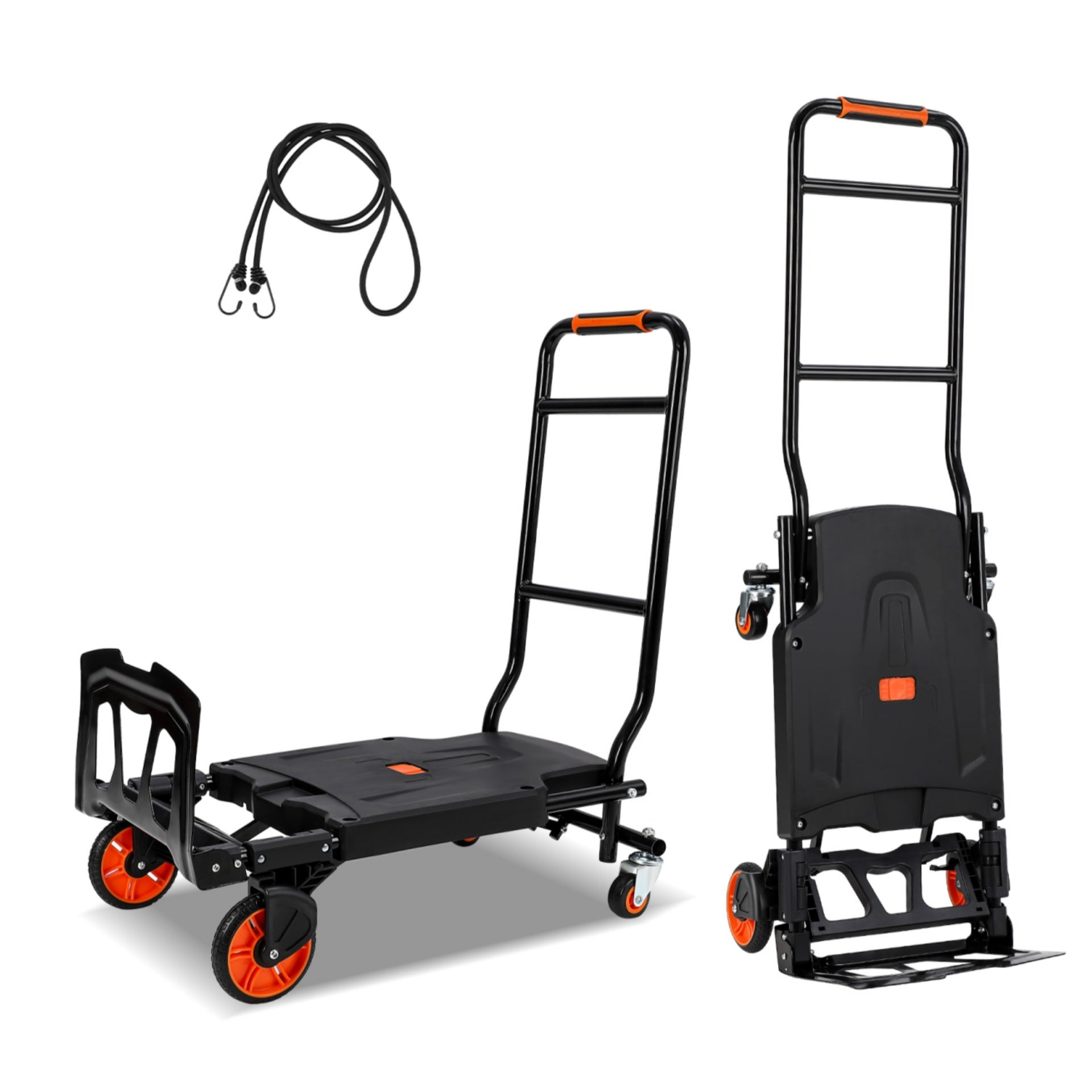Garvee Folding Hand Truck, 330 Lbs Capacity Heavy Duty Dolly Cart, 2 in 1 Convertible Hand Cart with 4 Wheels and 2 Elastic Ropes, Collapsible Platfor