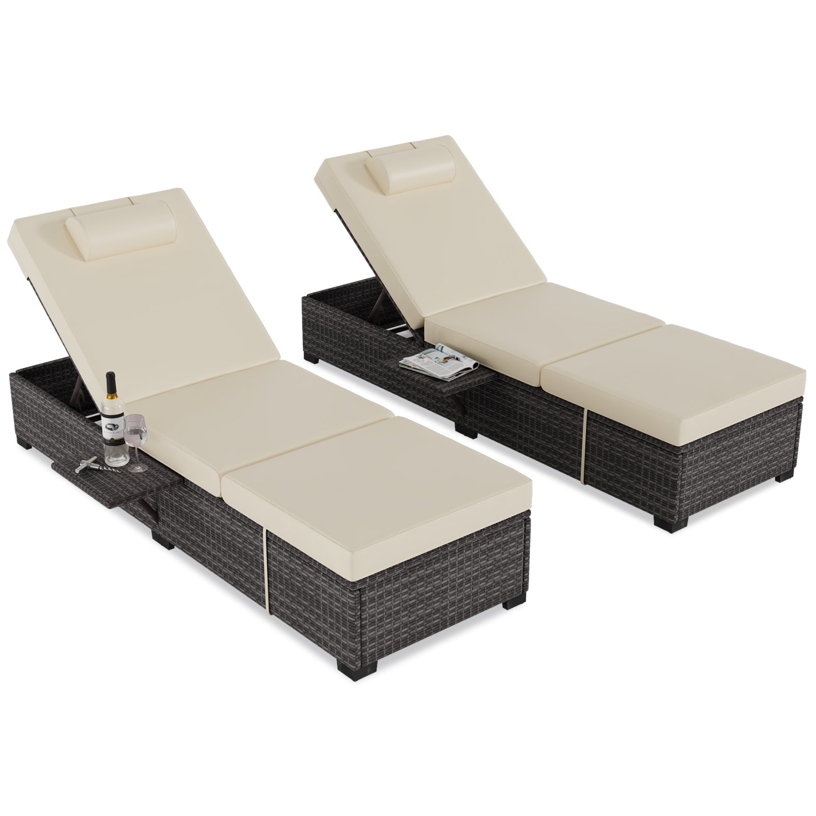 Garvee Set of 2 Outdoor Chaise Lounge Chairs - PE Rattan Recliners with Adjustable Backrest & Side Table, Earth Gray Cushions, All-Weather Steel Frame