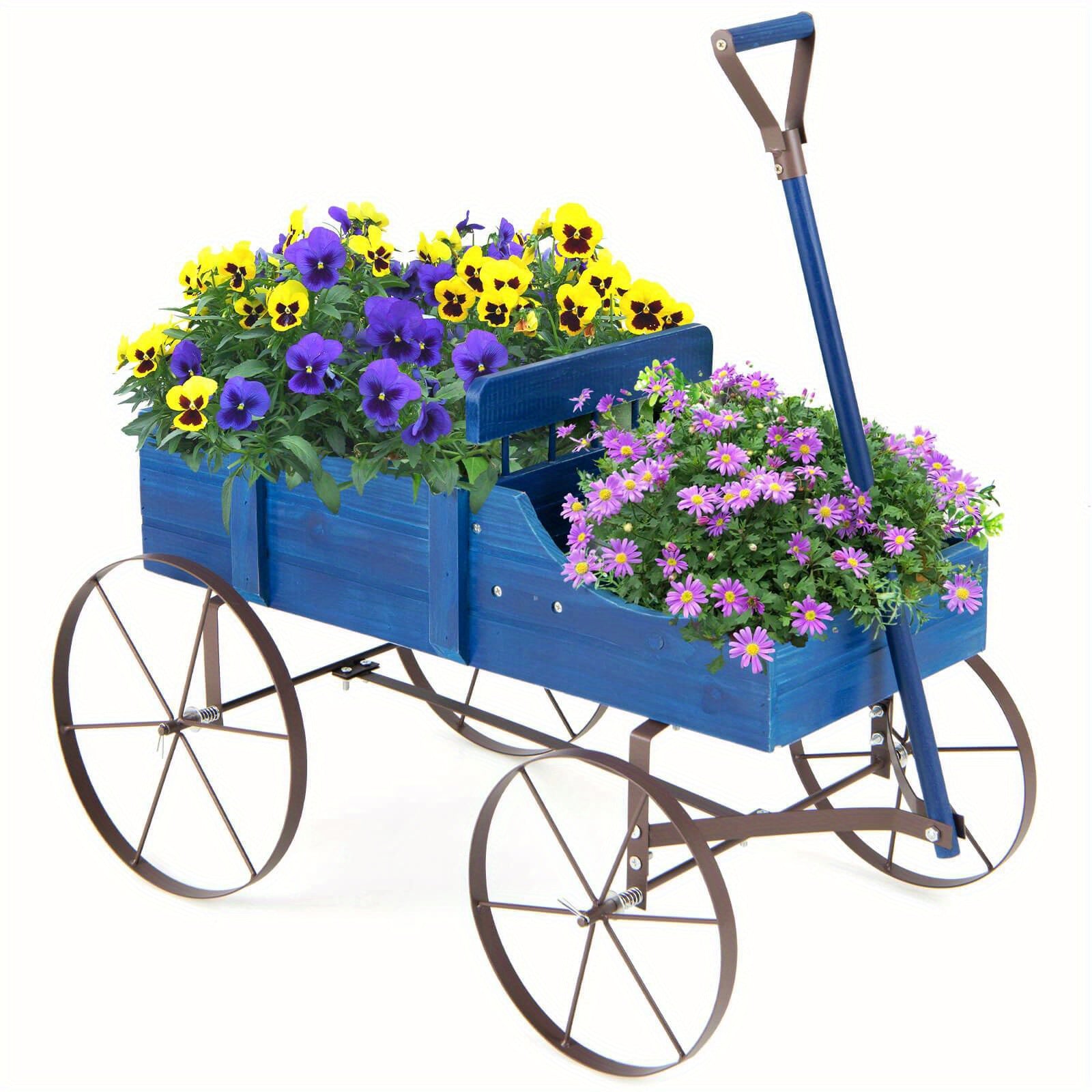 TEMU Goplus Wooden Garden Flower Planter Wagon Plant Bed W- Wheel Garden Yard Blue