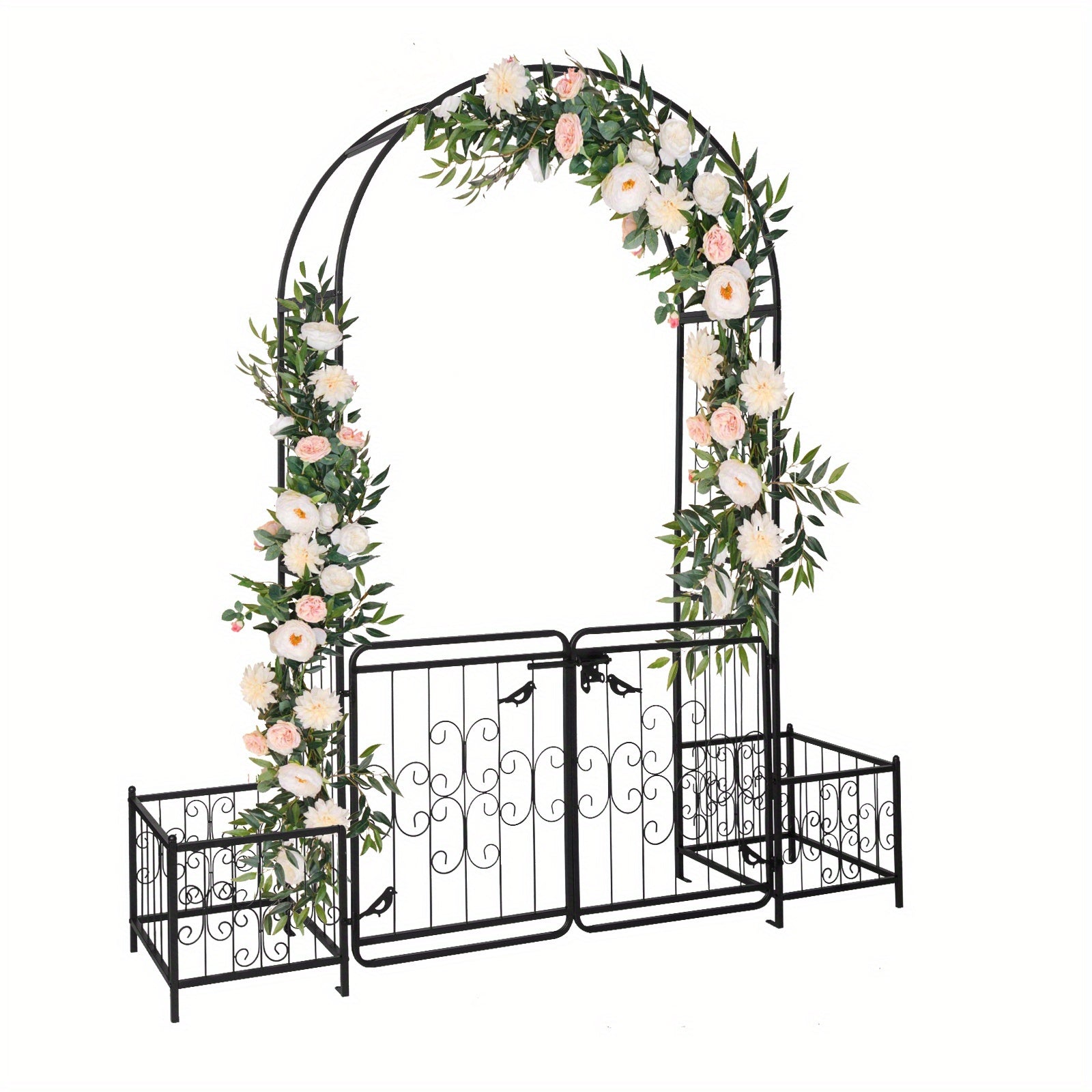 TEMU 7.2ft Black Metal Garden Arch With Door And Planter Holders, , 16mm Tubular Iron For Courtyard Decor