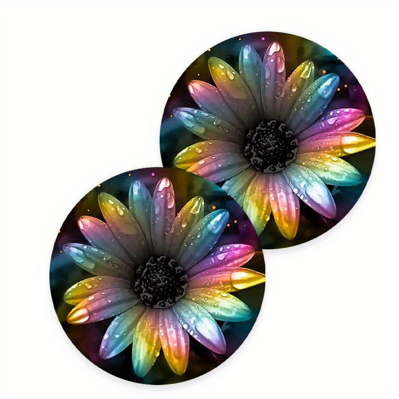 TEMU 2pcs Daisy Pattern Pu Non-slip Car Coasters, Car Interior Accessories Mat For Women Men, To Your Car Cup Holders