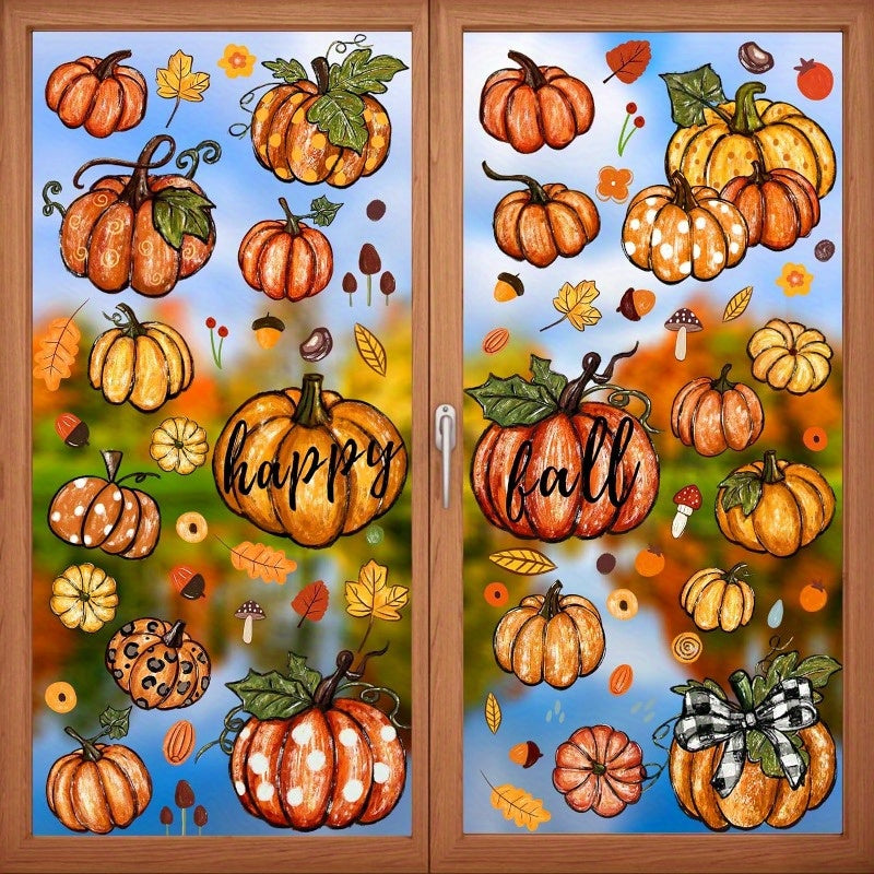 TEMU Window Clings, 6-pack Pumpkin And Maple Leaf Static Decals, Plastic Thanksgiving Fall Decorations, No Electricity Needed, Featherless Glass