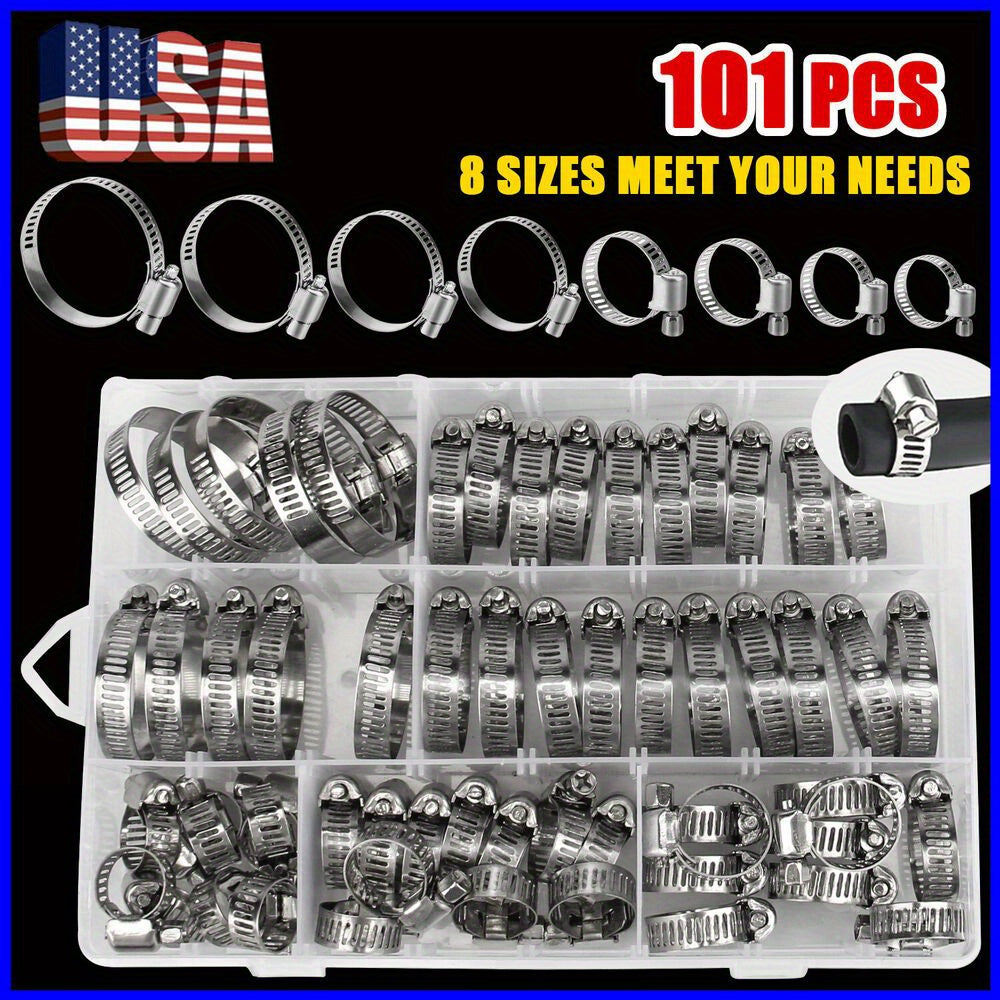 TEMU 101pcs Stainless Steel Adjustable Hose Clamps - Heavy-duty Worm Gear Clamps With 8 Sizes, Round Brass Fittings For Plumbing, Hydraulic &