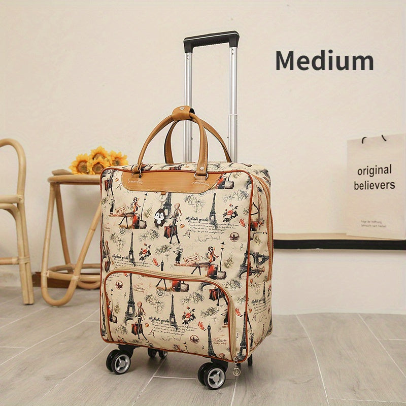 TEMU Chic Parisian-themed Women’s Bag –, Hand Washable, Rolling Suitcase With Multiple Compartments, Mixed Colors, Perfect For Short Trips & Business