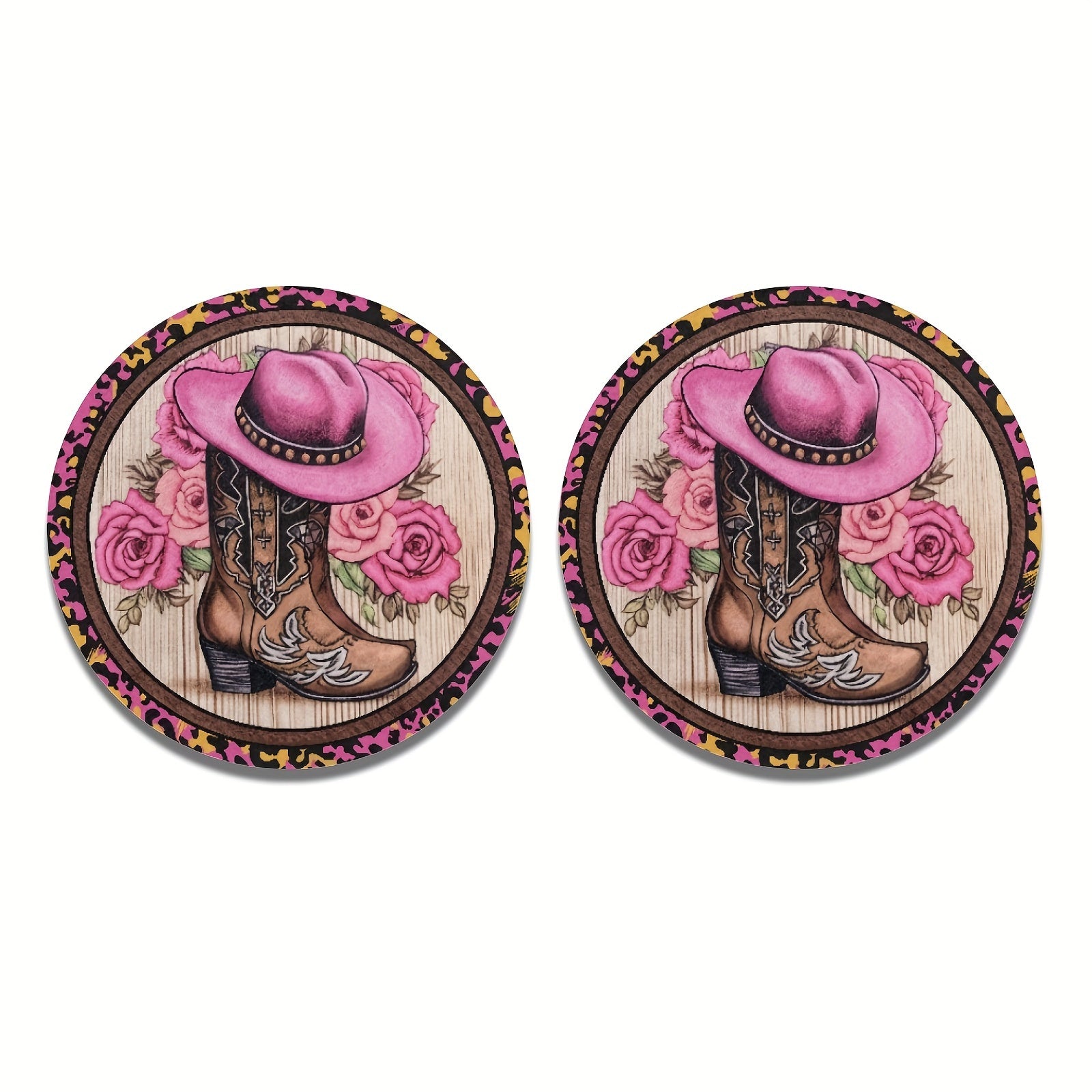 TEMU 2pcs Western Cowboy Hat & Boots Car Coasters - Absorbent Rubber Drink Holders With Vibrant Pink Hat & Floral Boot Design, Farmhouse Style Auto