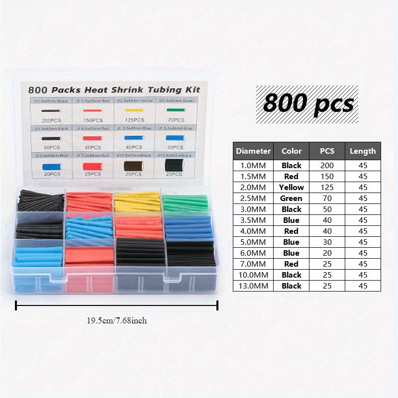 TEMU 800-piece Heat Shrink Tubing Set - Electrical Wire Assortment - Electric Insulation 2:1 Shrink Ratio Tube Kit For Diy, Repair, Protection, And