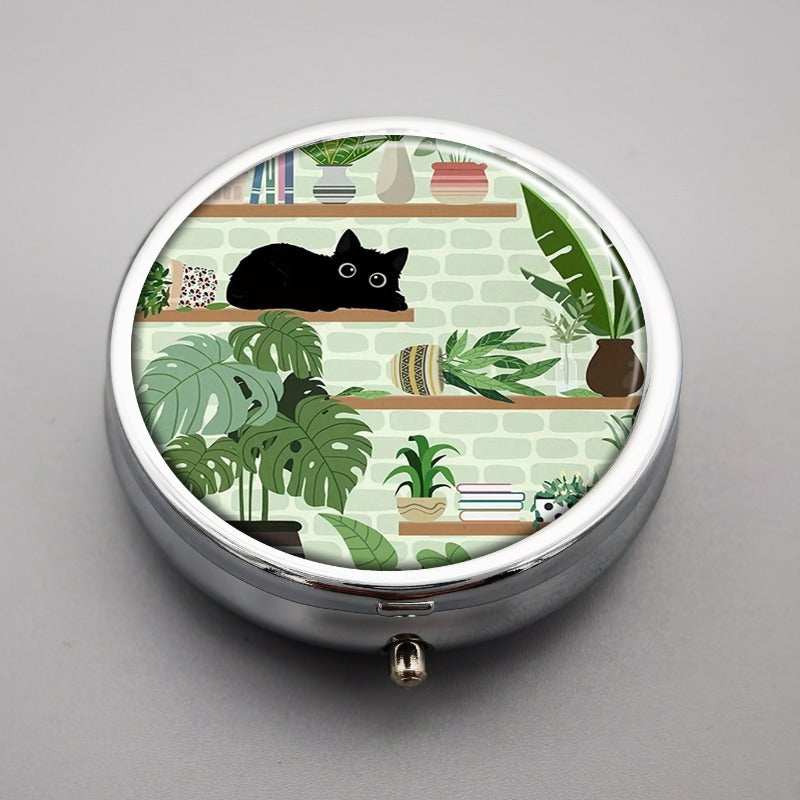 TEMU 1pc Pill Box - Cute Black Cat On Shelf Design, Metallic-like Finish, Food-safe Pill Organizer Case For Medication, Vitamins, Travel - Compact &