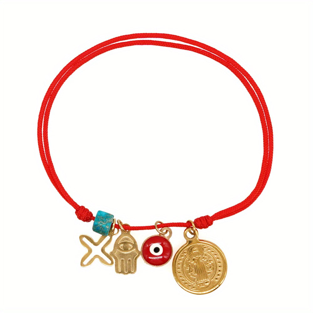 TEMU Boho-chic Handmade Friendship Bracelet With Evil Eye Charm - Gold Plated, Adjustable Red Rope For Women | Casual Attire & Gifting