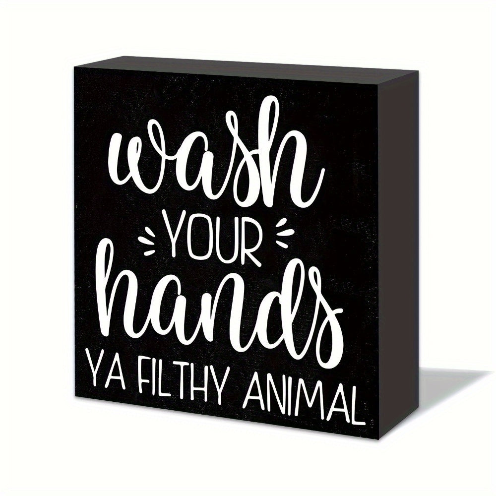 TEMU 1pc Wash Your Hands Bathroom Art Sign, Rustic Farmhouse Black Wood Box Plaque Bathroom Shelf Wall Decor For Home, Restroom, Toilet, Housewarming
