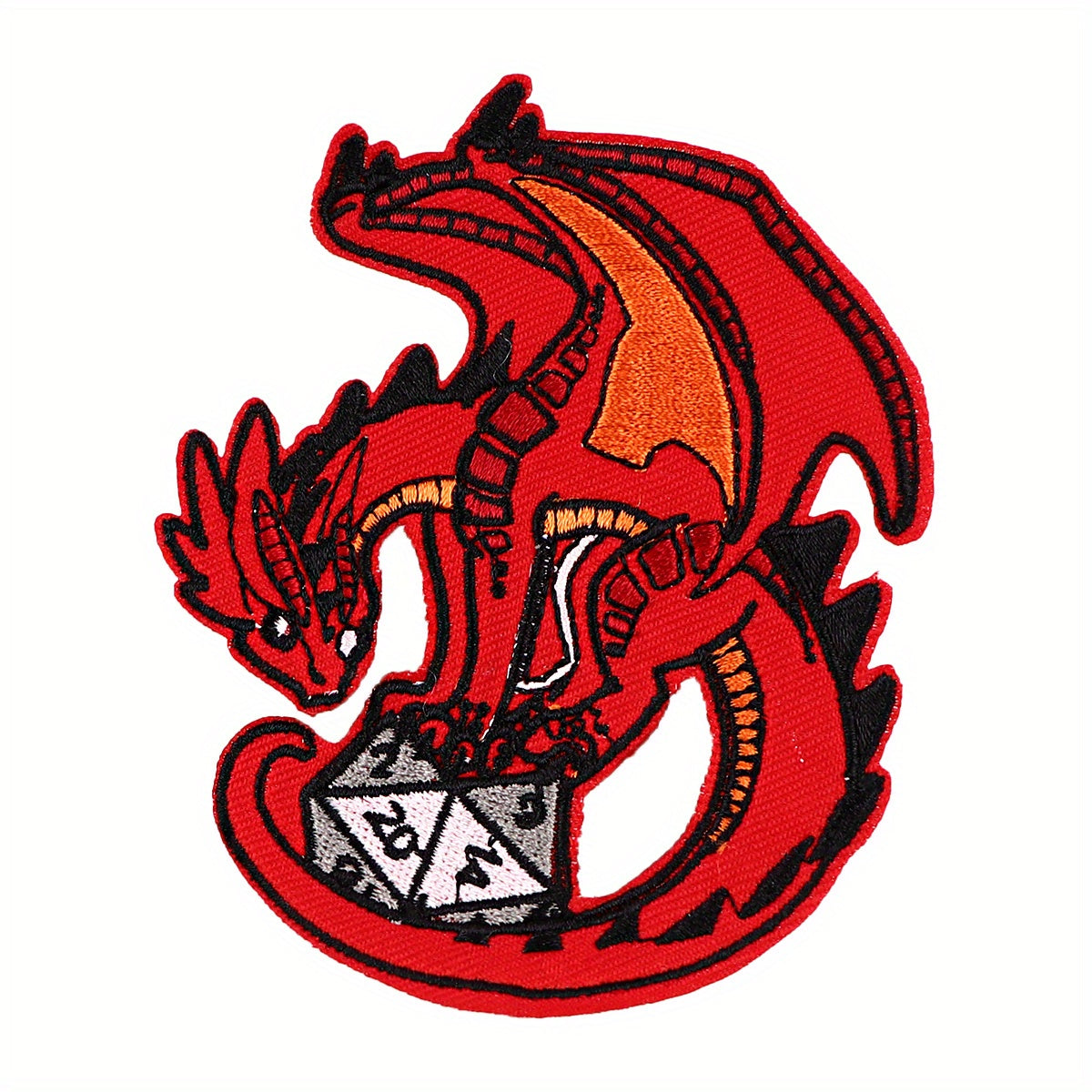 TEMU Red Embroidered Dragon And Dice Patch - Gaming And Fantasy Enthusiasts