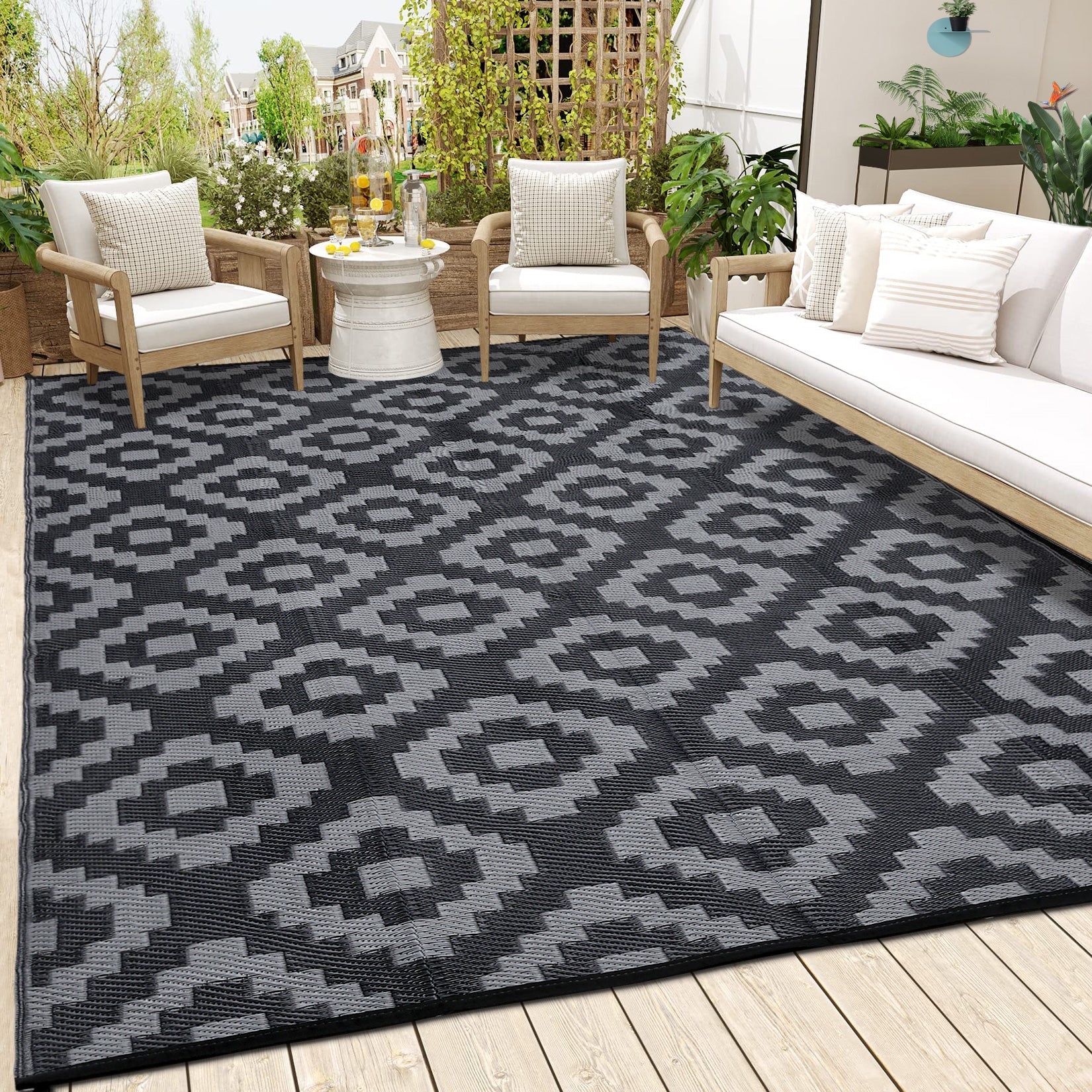 Garvee Outdoor Black & Grey 9x18 Rug for Patios Waterproof Reversible Mats Plastic Straw Rug Modern Geometric Floor Mat for Patio Porch RV Backyard Po