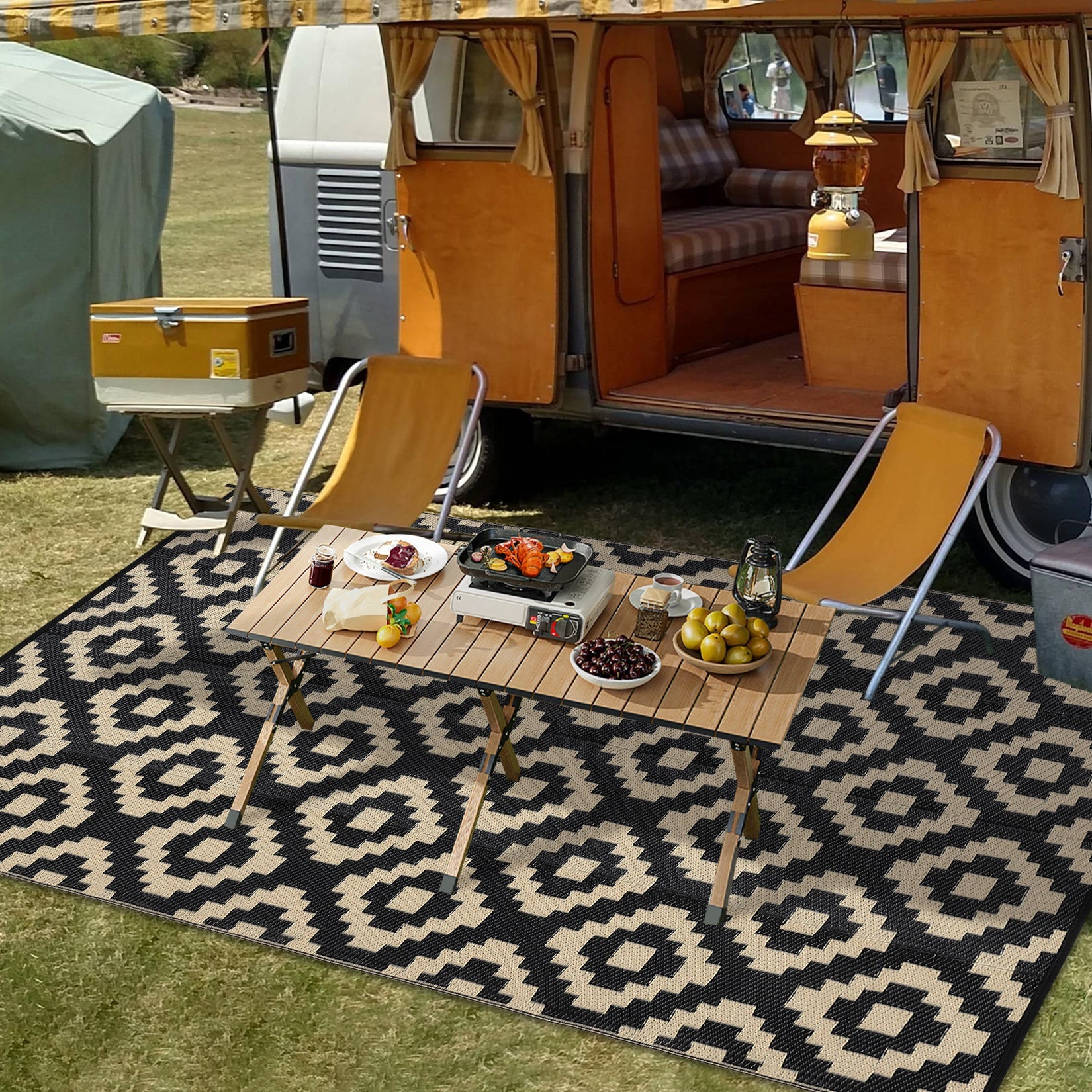 Garvee Outdoor Black & Coffee 9x18 Rug for Patios Waterproof Reversible Mats Plastic Straw Rug Modern Geometric Floor Mat for Patio Porch RV Backyard 