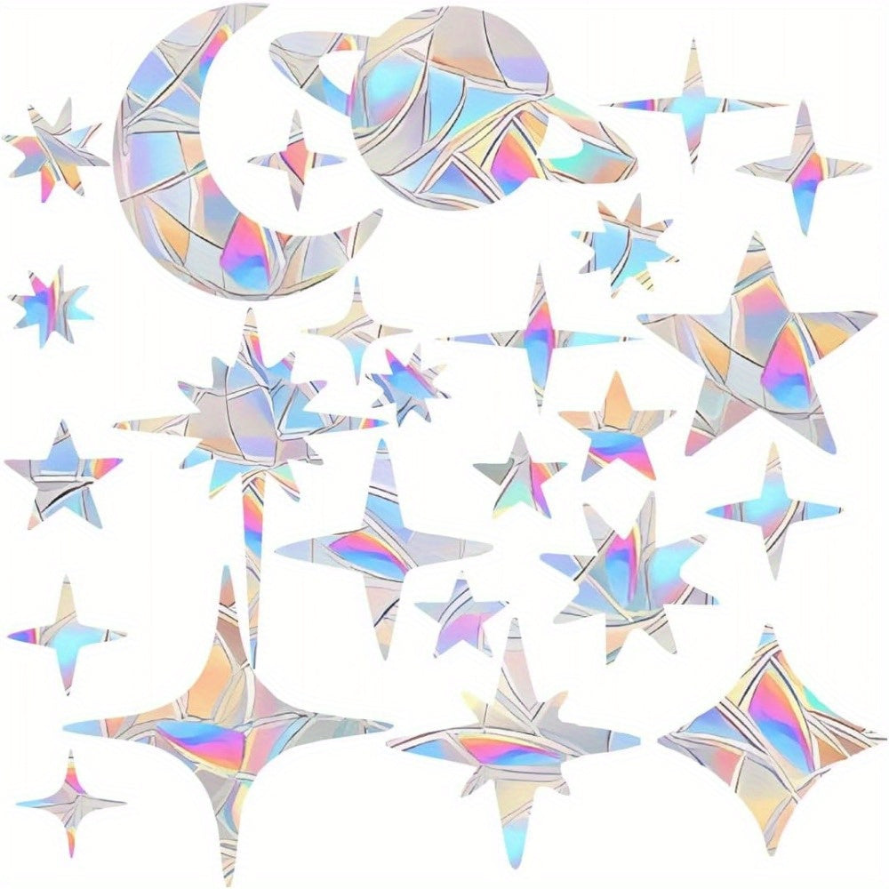 TEMU 18pcs Star-shaped Window Clings For Glass - Reusable Safety Decals, No Cutting & Glue Required, Static Cling Vinyl Stickers With Iridescent