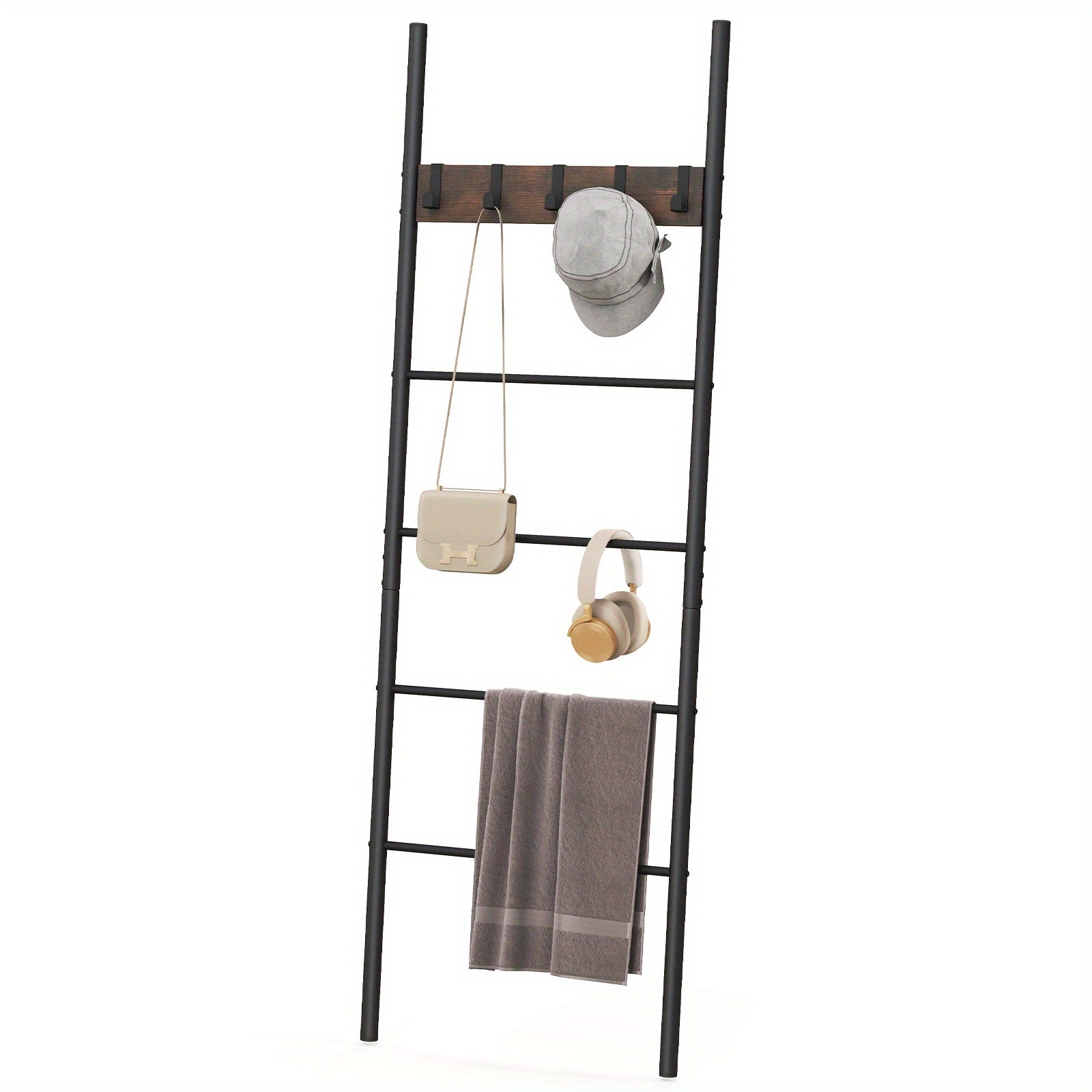 TEMU Lifezeal 5-tier Ladder Shelf Wall Leaning Blanket Ladder W-5 Removable Hooks Rustic Brown